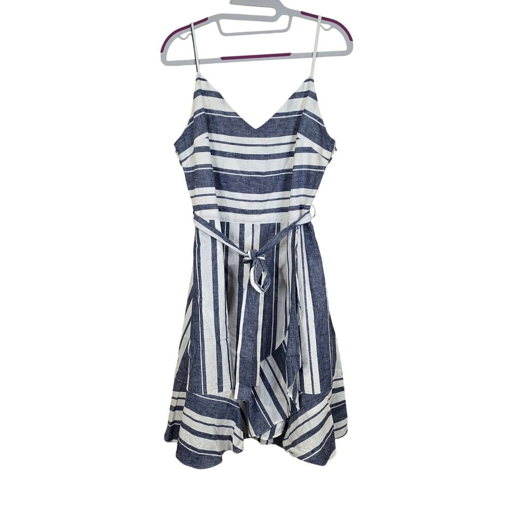 NWT Women's Wishlist Apparel Navy Striped Belted Linen Blend Dress | Size Large